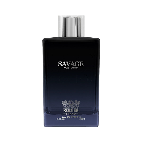 تصویر بطری ادو پرفیوم مردانه رودیر Savage با طراحی لوکس، الهامگرفته از عطر Dior Sauvage